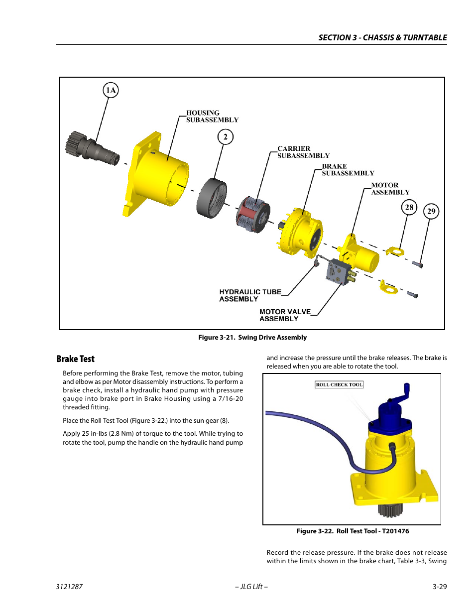 Brake test, Brake test -29, Swing drive assembly -29 | Roll test tool - t201476 -29 | JLG 24RS Service Manual User Manual | Page 67 / 264