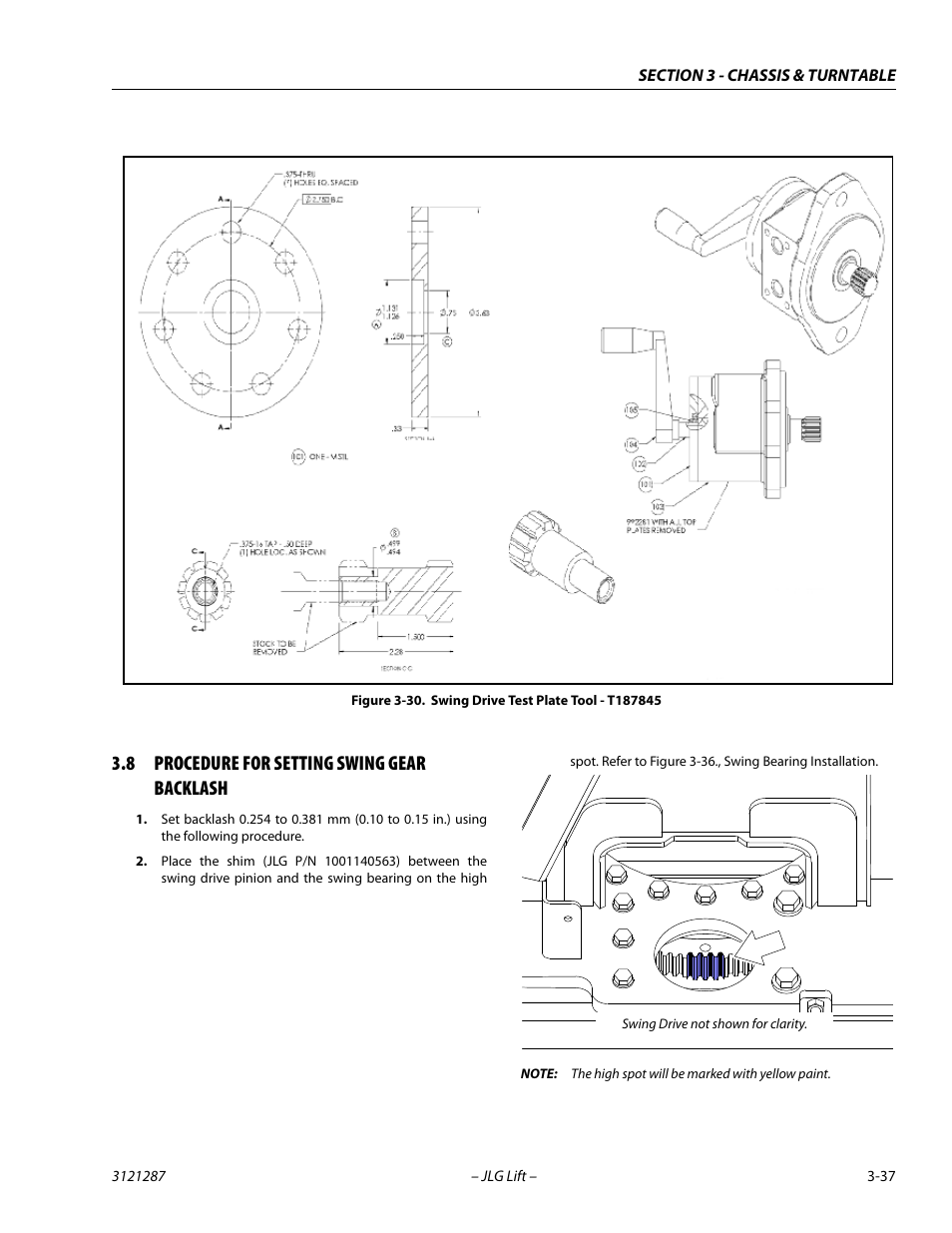 8 procedure for setting swing gear backlash, Procedure for setting swing gear backlash -37, Swing drive test plate tool - t187845 -37 | JLG 24RS Service Manual User Manual | Page 75 / 264