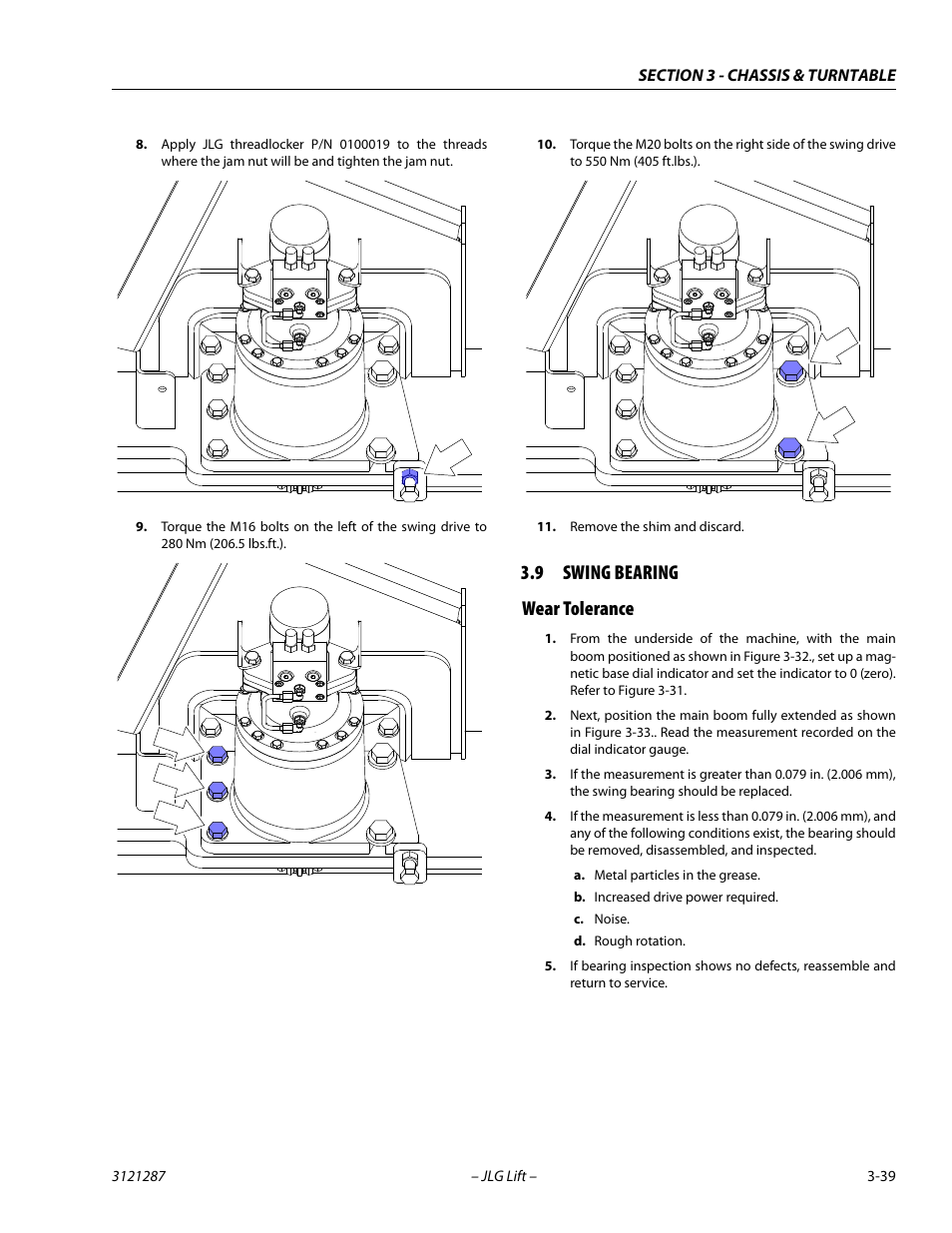 9 swing bearing, Wear tolerance, Swing bearing -39 | Wear tolerance -39, 9 swing bearing wear tolerance | JLG 24RS Service Manual User Manual | Page 77 / 264