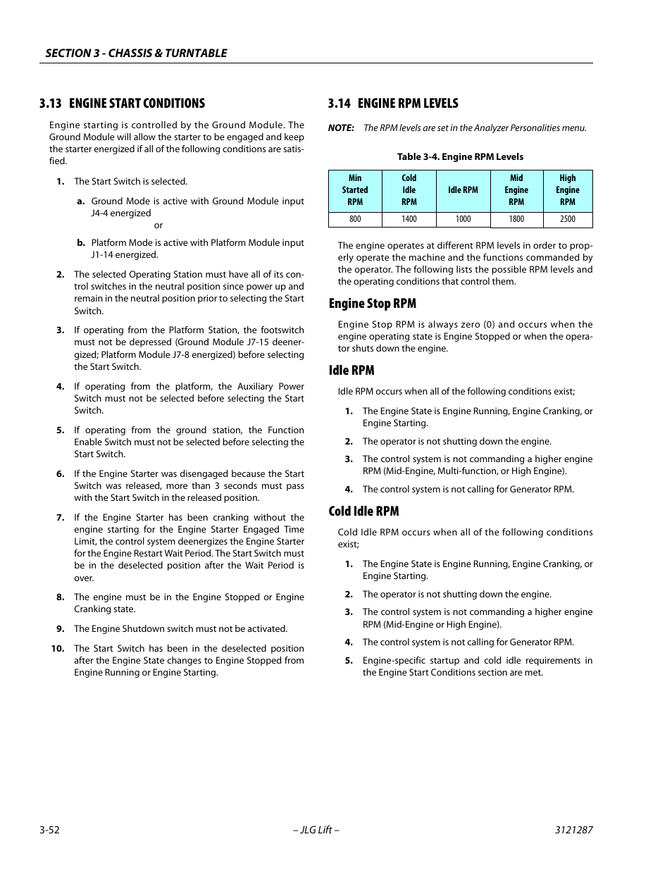 13 engine start conditions, 14 engine rpm levels, Engine stop rpm | Idle rpm, Cold idle rpm, Engine start conditions -52, Engine rpm levels -52, Engine stop rpm -52 idle rpm -52 cold idle rpm -52 | JLG 24RS Service Manual User Manual | Page 90 / 264