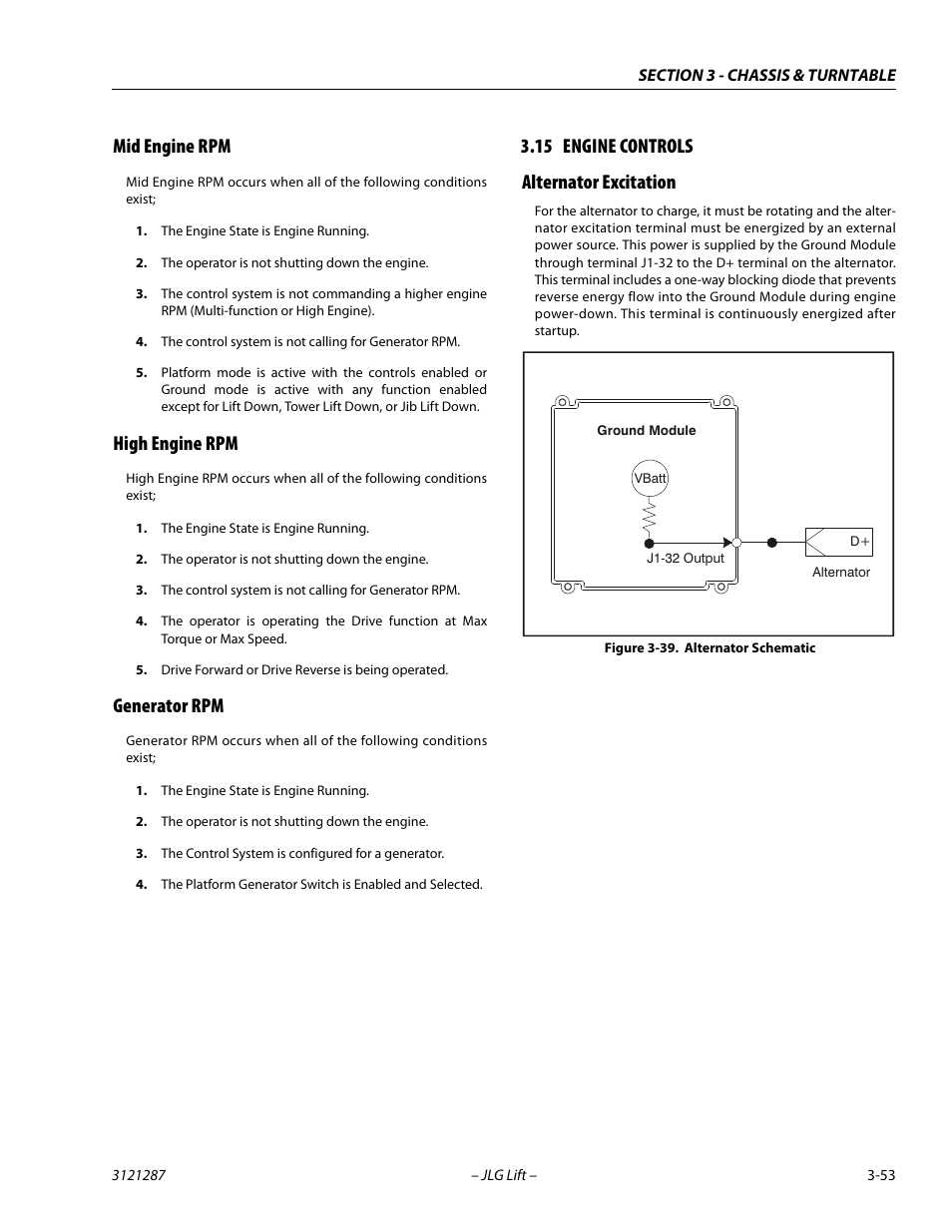 Mid engine rpm, High engine rpm, Generator rpm | 15 engine controls, Alternator excitation, Engine controls -53, Alternator excitation -53, Alternator schematic -53, 15 engine controls alternator excitation | JLG 24RS Service Manual User Manual | Page 91 / 264