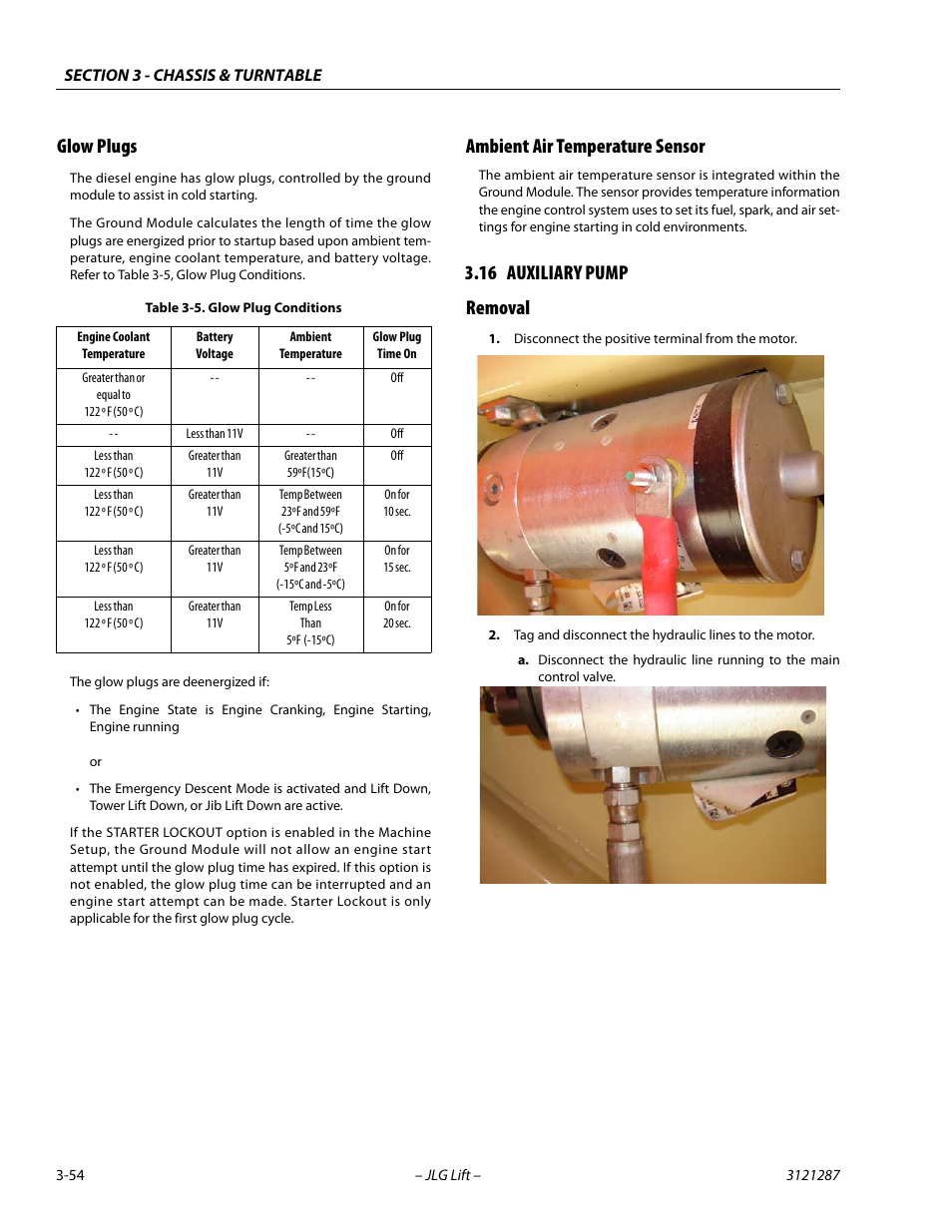 Glow plugs, Ambient air temperature sensor, 16 auxiliary pump | Removal, Glow plugs -54 ambient air temperature sensor -54, Auxiliary pump -54, Removal -54, Glow plug conditions -54, 16 auxiliary pump removal | JLG 24RS Service Manual User Manual | Page 92 / 264