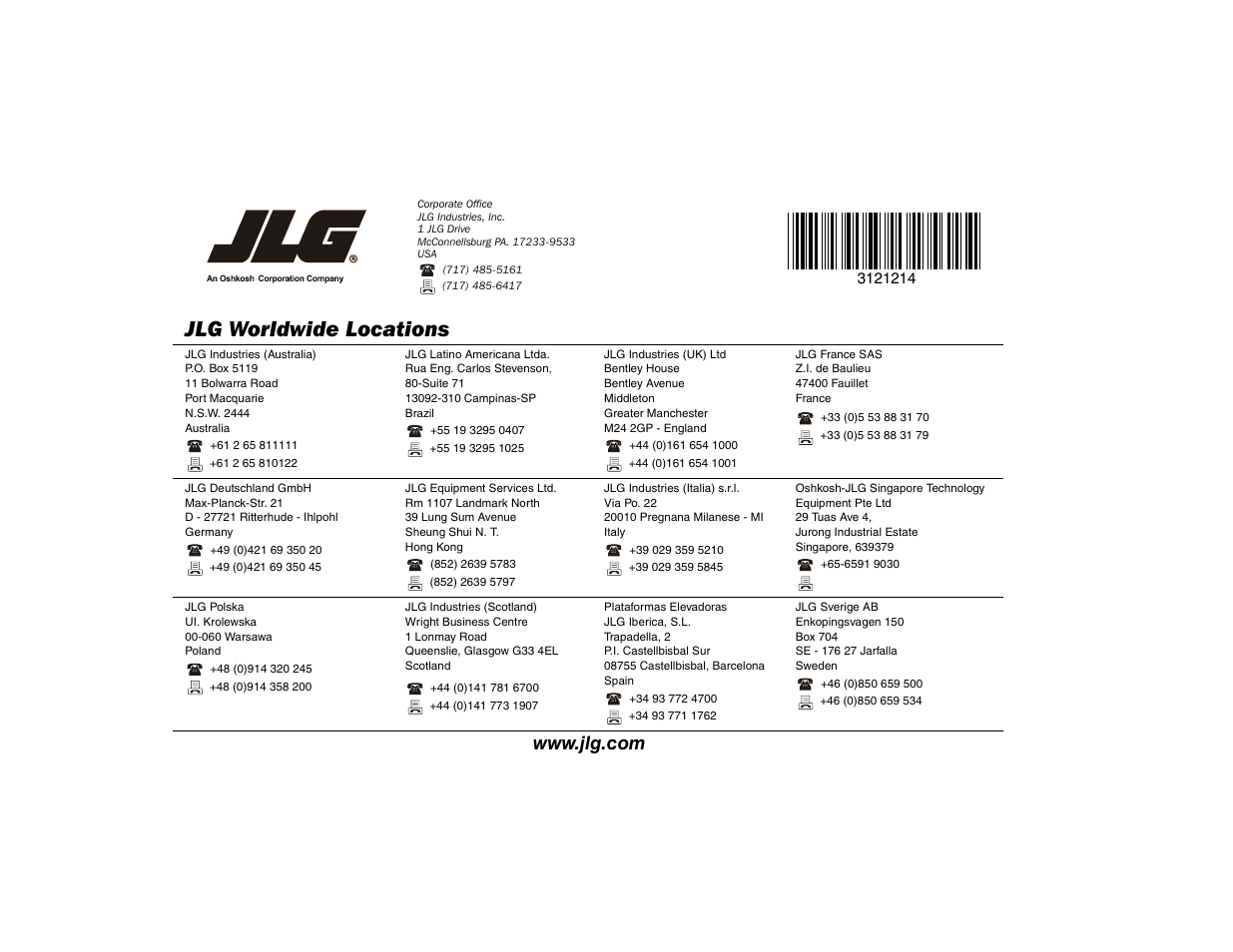 Jlg worldwide locations | JLG E300 Operator Manual User Manual | Page 100 / 100