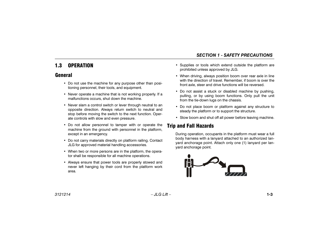 3 operation, General, Trip and fall hazards | Operation -3, General -3 trip and fall hazards -3, 3 operation general | JLG E300 Operator Manual User Manual | Page 13 / 100