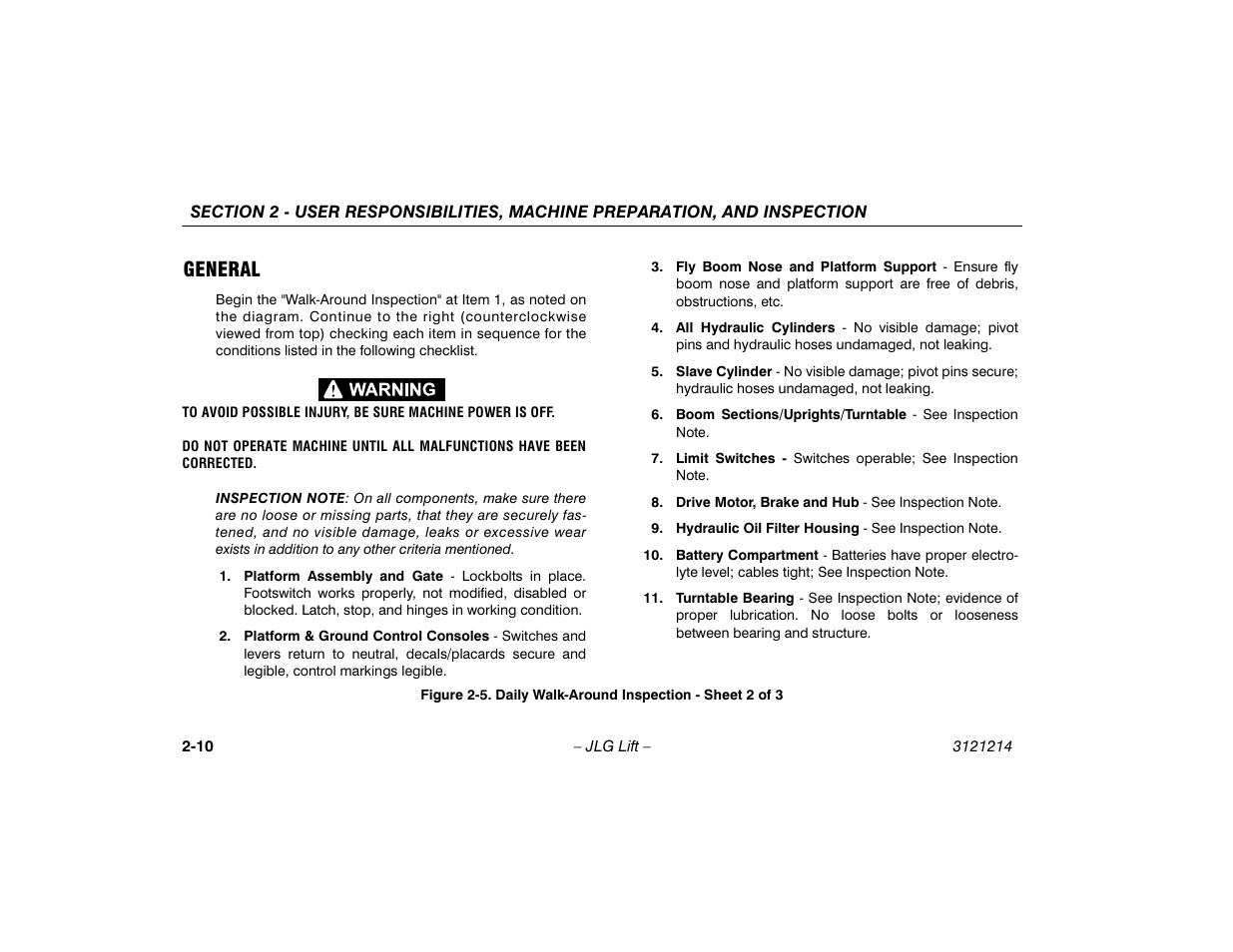 General -10, Daily walk-around inspection - sheet 2 of 3 -10, General | JLG E300 Operator Manual User Manual | Page 30 / 100