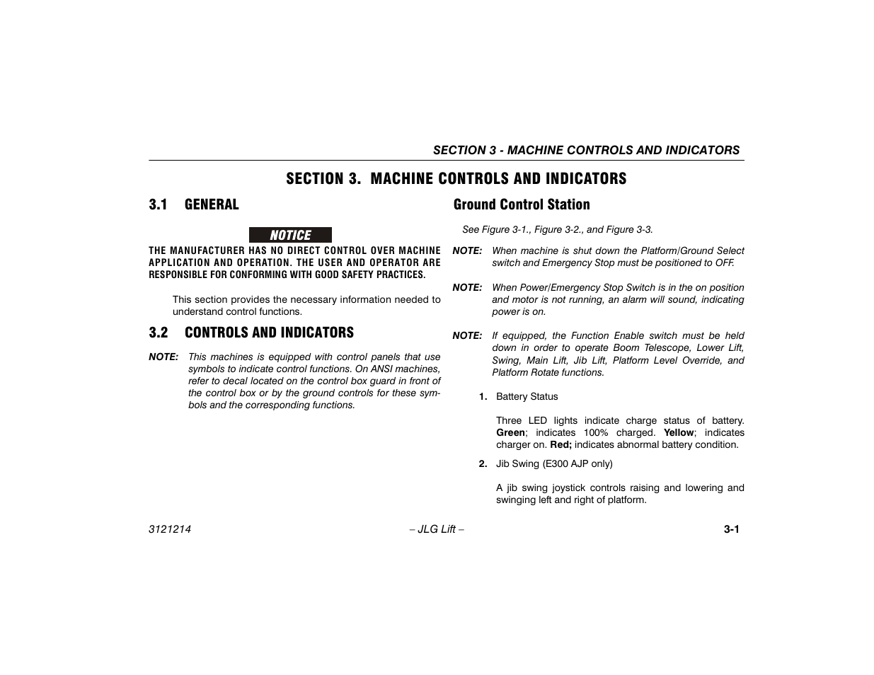 Section 3. machine controls and indicators, 1 general, 2 controls and indicators | Ground control station, Section - 3 - machine controls and indicators, General -1, Controls and indicators -1, Ground control station -1 | JLG E300 Operator Manual User Manual | Page 33 / 100