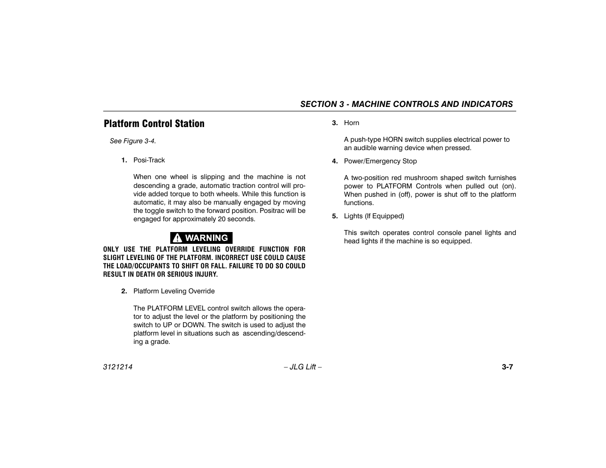 Platform control station, Platform control station -7 | JLG E300 Operator Manual User Manual | Page 39 / 100