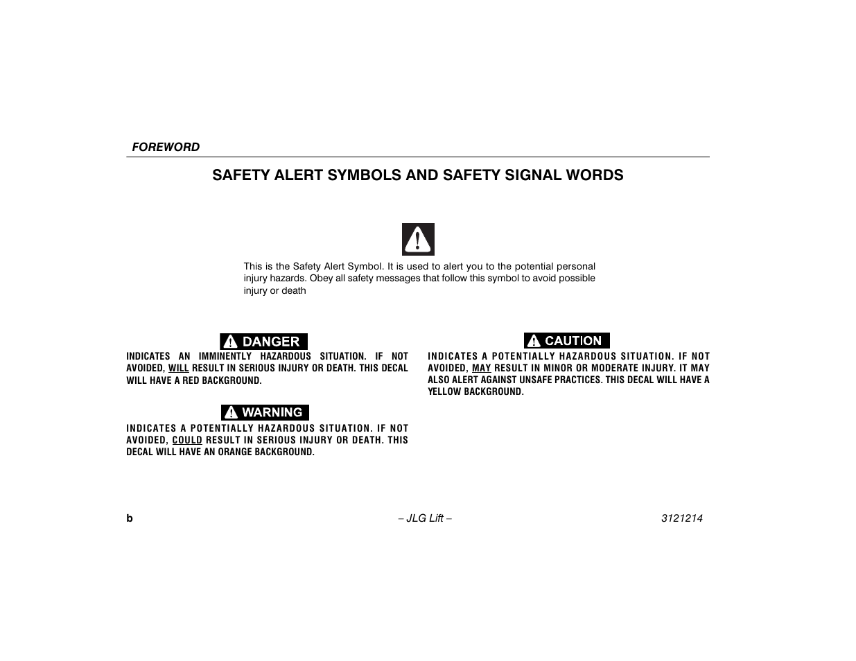 Safety alert symbols and safety signal words | JLG E300 Operator Manual User Manual | Page 4 / 100
