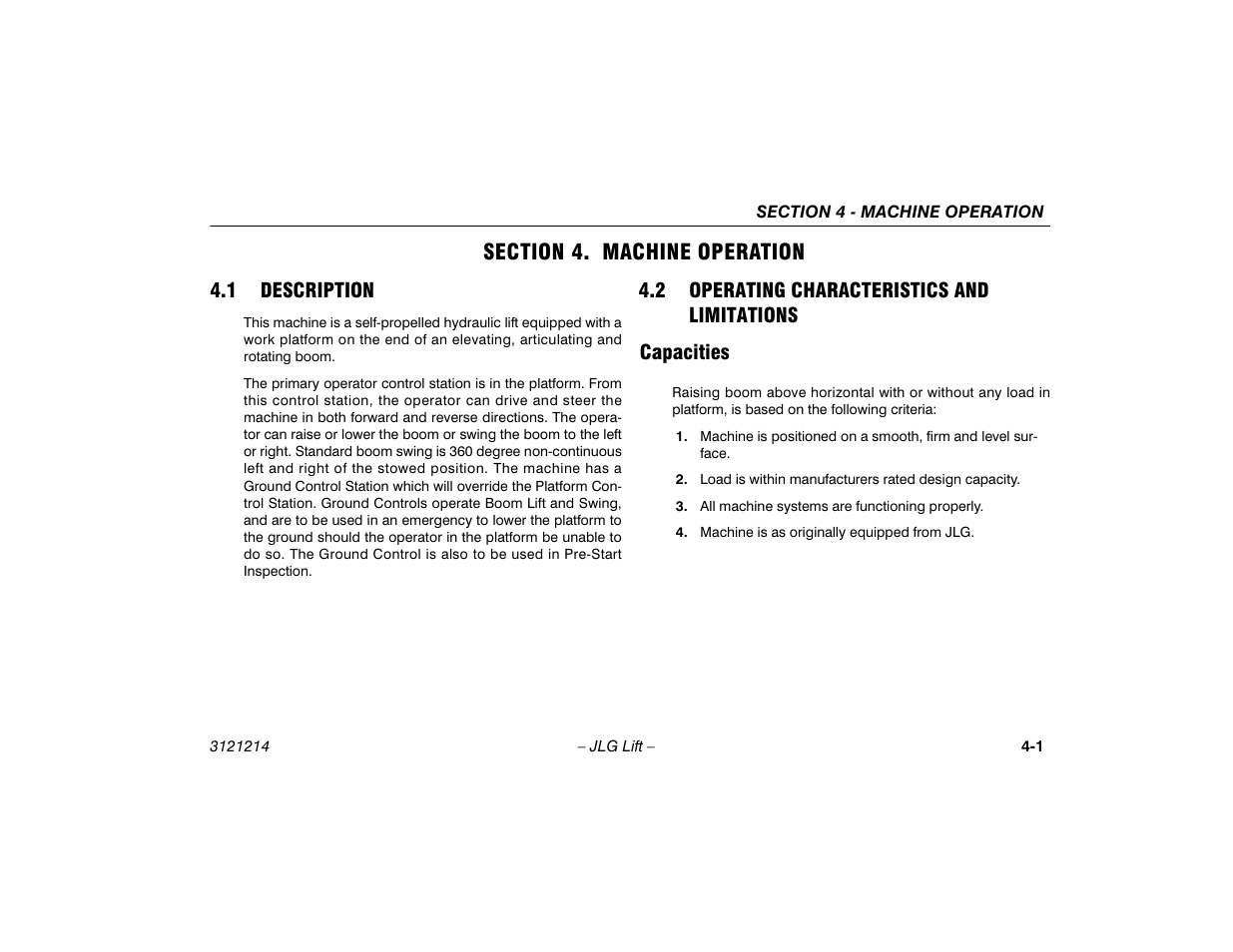 Section 4. machine operation, 1 description, 2 operating characteristics and limitations | Capacities, Section - 4 - machine operation, Description -1, Operating characteristics and, Limitations -1, Capacities -1 | JLG E300 Operator Manual User Manual | Page 47 / 100