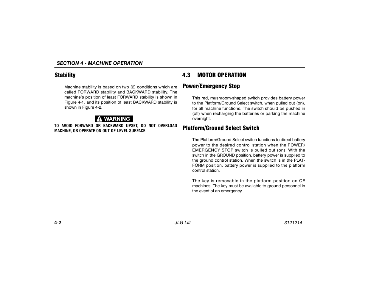 Stability, 3 motor operation, Power/emergency stop | Platform/ground select switch, Stability -2, Motor operation -2 | JLG E300 Operator Manual User Manual | Page 48 / 100