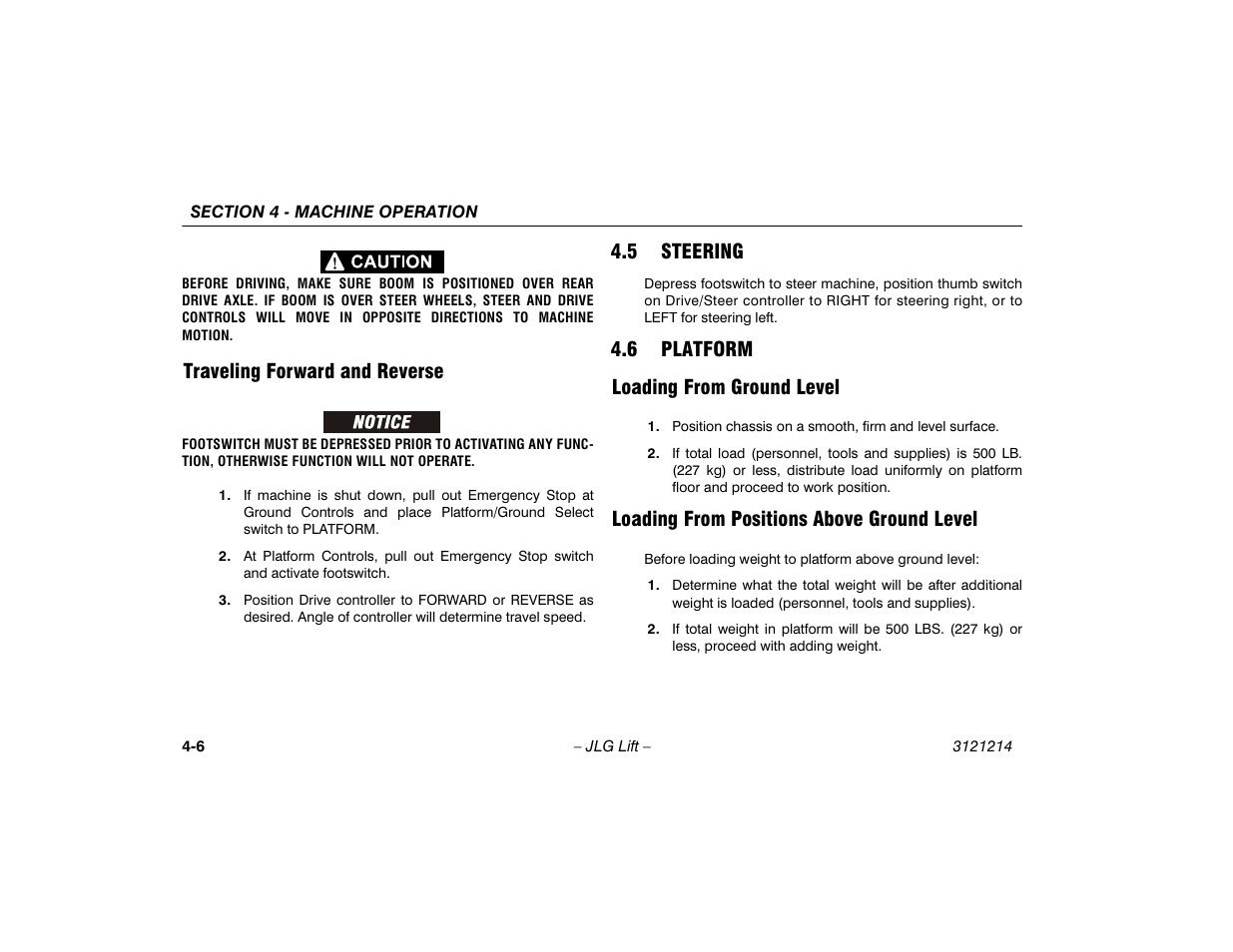 Traveling forward and reverse, 5 steering, 6 platform | Loading from ground level, Loading from positions above ground level, Traveling forward and reverse -6, Steering -6, Platform -6, 6 platform loading from ground level | JLG E300 Operator Manual User Manual | Page 52 / 100