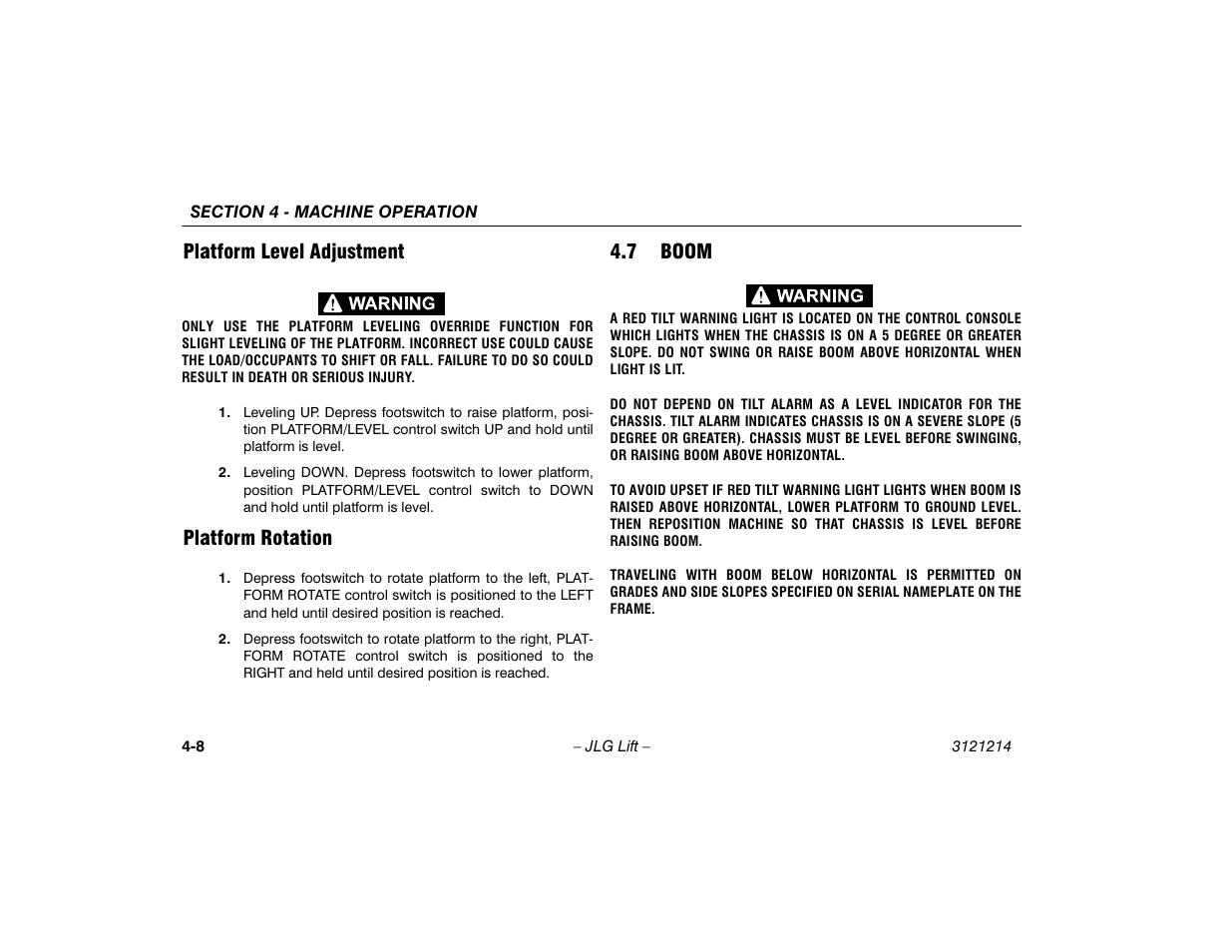 Platform level adjustment, Platform rotation, 7 boom | Platform level adjustment -8 platform rotation -8, Boom -8 | JLG E300 Operator Manual User Manual | Page 54 / 100