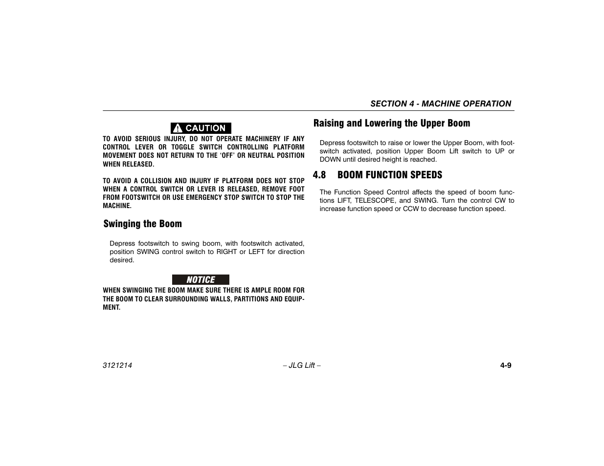 Swinging the boom, Raising and lowering the upper boom, 8 boom function speeds | Boom function speeds -9 | JLG E300 Operator Manual User Manual | Page 55 / 100