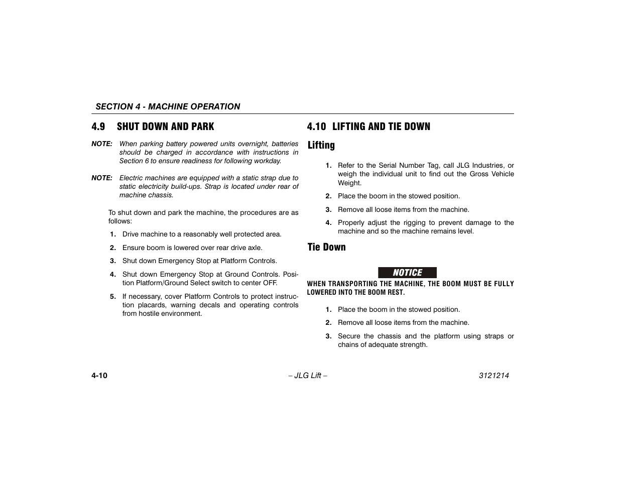 9 shut down and park, 10 lifting and tie down, Lifting | Tie down, Shut down and park -10, 10 lifting and tie down -10, Lifting -10 tie down -10, 10 lifting and tie down lifting | JLG E300 Operator Manual User Manual | Page 56 / 100