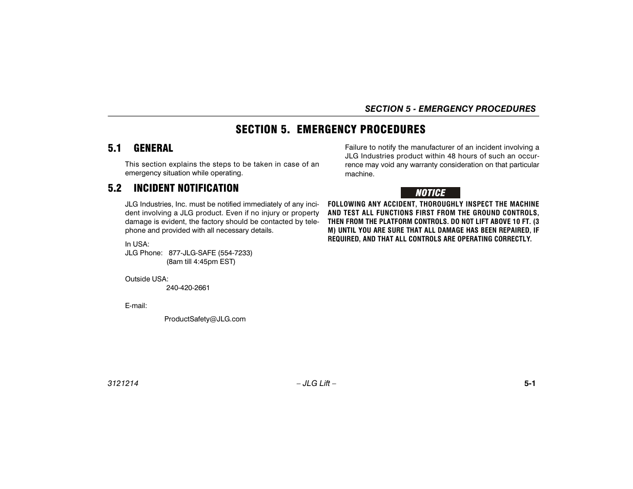 Section 5. emergency procedures, 1 general, 2 incident notification | Section - 5 - emergency procedures, General -1, Incident notification -1 | JLG E300 Operator Manual User Manual | Page 79 / 100