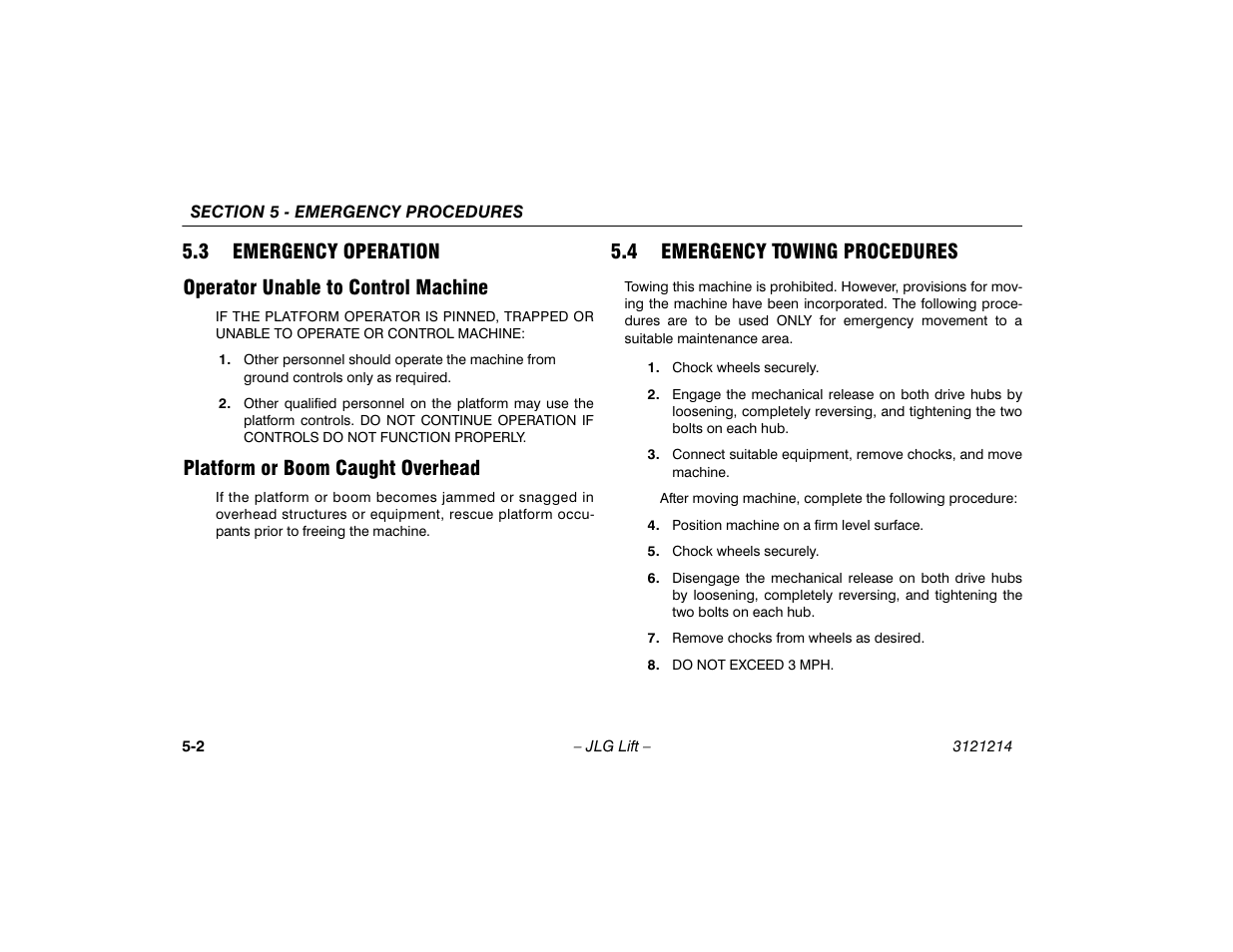 3 emergency operation, Operator unable to control machine, Platform or boom caught overhead | 4 emergency towing procedures, Emergency operation -2, Emergency towing procedures -2 | JLG E300 Operator Manual User Manual | Page 80 / 100