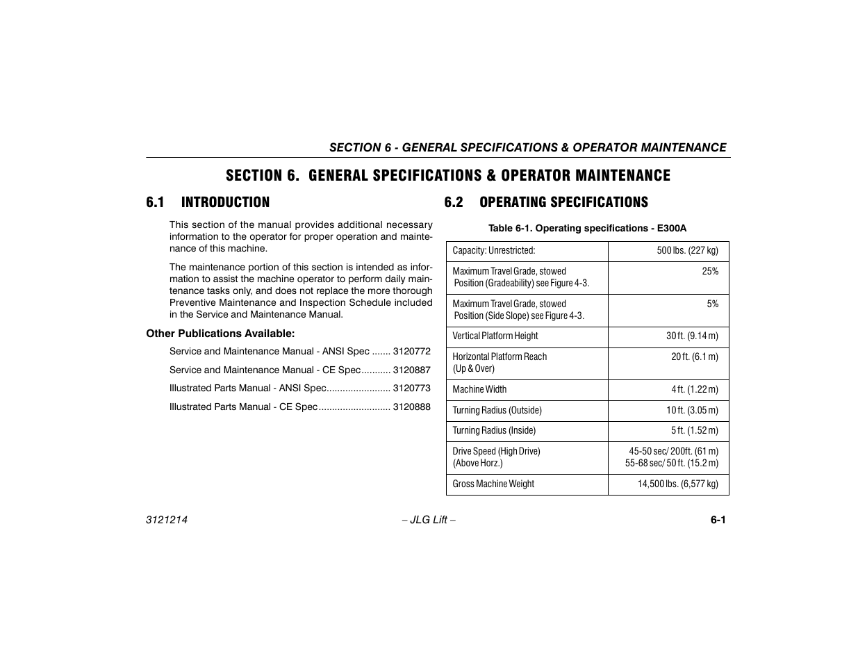 1 introduction, 2 operating specifications, Section - 6 - general specifications & operator | Maintenance, Introduction -1, Operating specifications -1, Operating specifications - e300a -1 | JLG E300 Operator Manual User Manual | Page 83 / 100