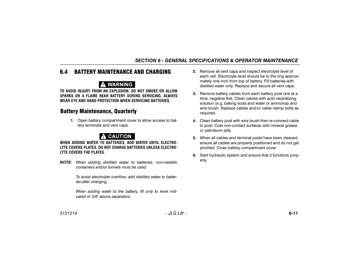 4 battery maintenance and charging, Battery maintenance, quarterly, Battery maintenance and charging -11 | Battery maintenance, quarterly -11 | JLG E300 Operator Manual User Manual | Page 93 / 100