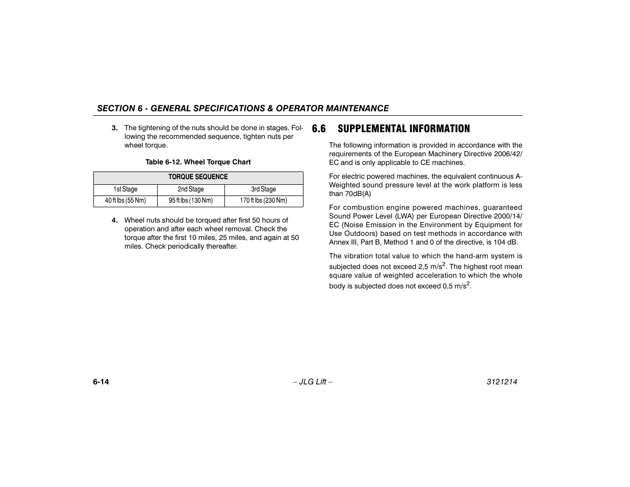6 supplemental information, Supplemental information -14, Wheel torque chart -14 | JLG E300 Operator Manual User Manual | Page 96 / 100