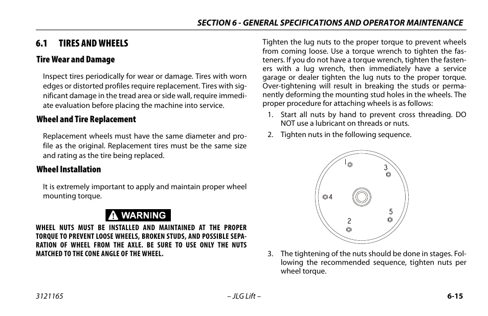 1 tires and wheels, Tire wear and damage, Wheel and tire replacement | Wheel installation, Tires and wheels -15 | JLG 3246ES Operator Manual User Manual | Page 107 / 114