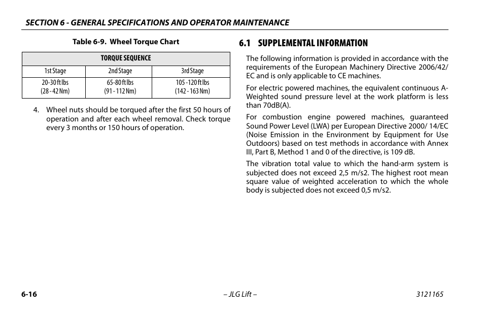 1 supplemental information, Supplemental information -16, Wheel torque chart -16 | JLG 3246ES Operator Manual User Manual | Page 108 / 114