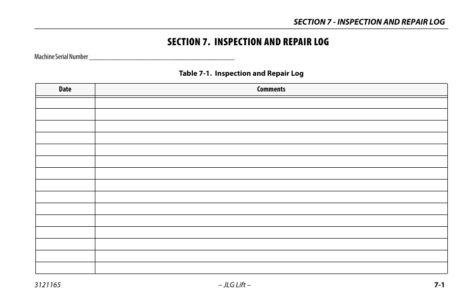 Section 7. inspection and repair log, Section - 7 - inspection and repair log, Inspection and repair log -1 | JLG 3246ES Operator Manual User Manual | Page 109 / 114
