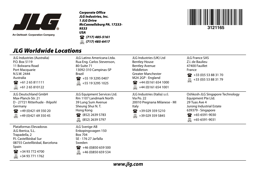 Jlg worldwide locations | JLG 3246ES Operator Manual User Manual | Page 114 / 114