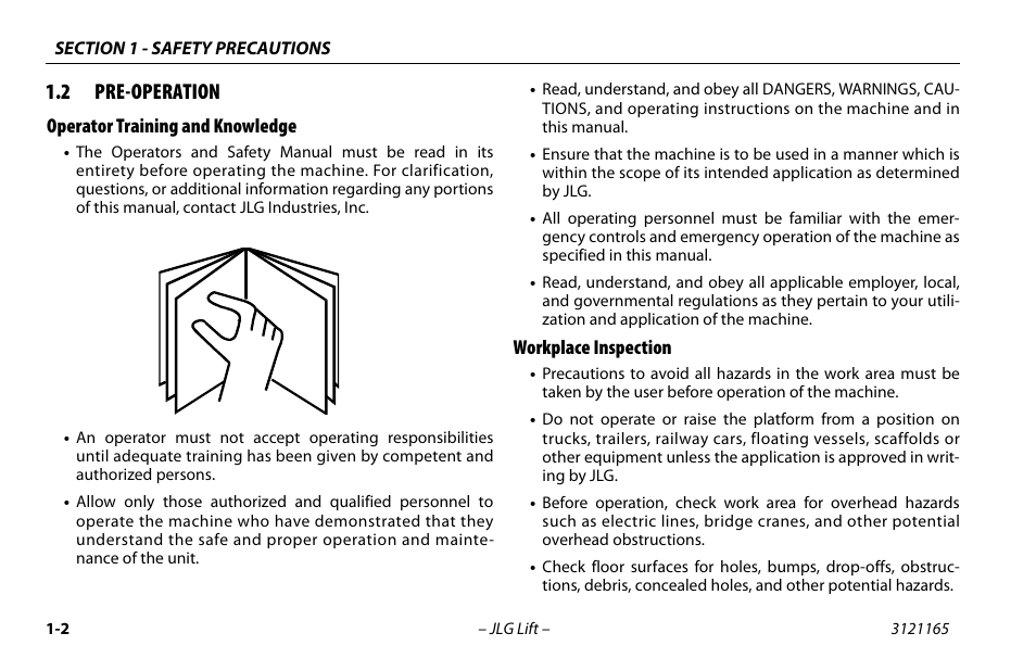 2 pre-operation, Operator training and knowledge, Workplace inspection | Pre-operation -1 | JLG 3246ES Operator Manual User Manual | Page 12 / 114
