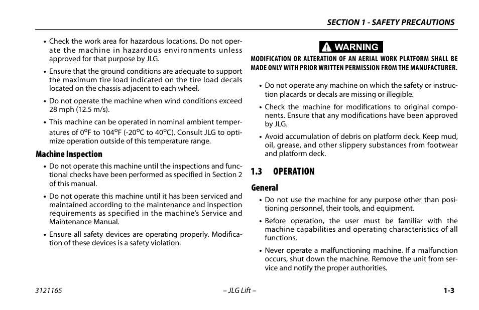 Machine inspection, 3 operation, General | Machine inspection -3, Operation -3, General -3 | JLG 3246ES Operator Manual User Manual | Page 13 / 114