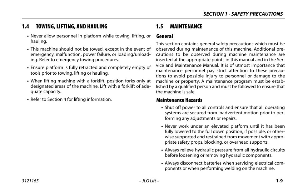 4 towing, lifting, and hauling, 5 maintenance, General | Maintenance hazards, Towing, lifting, and hauling -9, Maintenance -10, General -10 maintenance hazards -10 | JLG 3246ES Operator Manual User Manual | Page 19 / 114