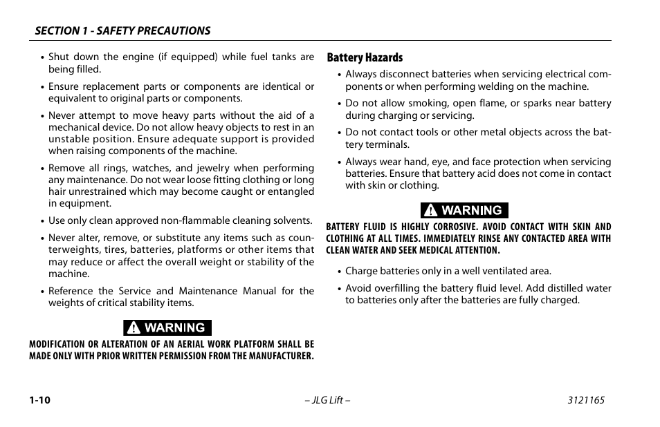 Battery hazards, Battery hazards -11 | JLG 3246ES Operator Manual User Manual | Page 20 / 114