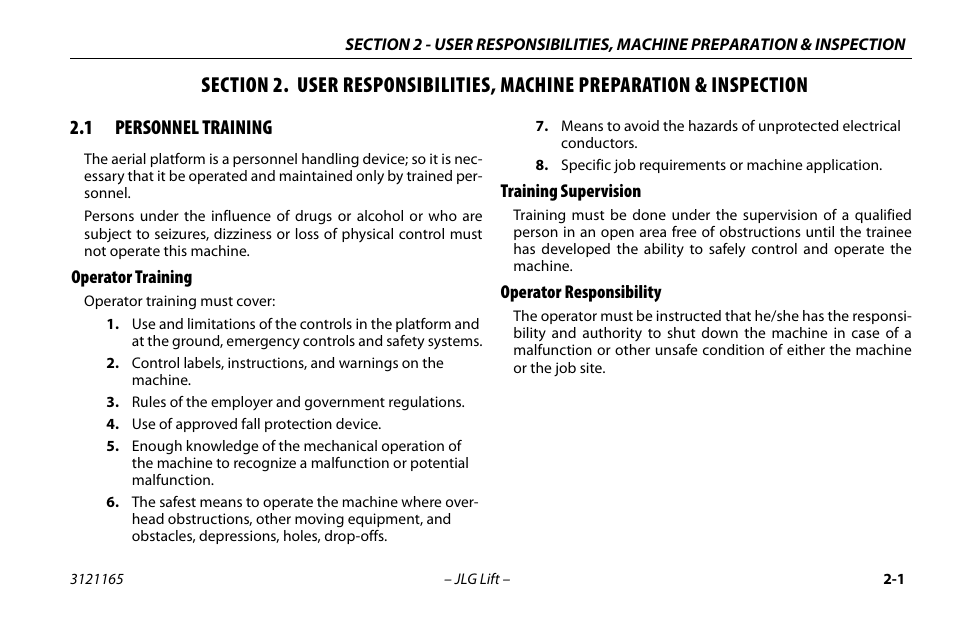 1 personnel training, Operator training, Training supervision | Operator responsibility, Personnel training -1 | JLG 3246ES Operator Manual User Manual | Page 21 / 114