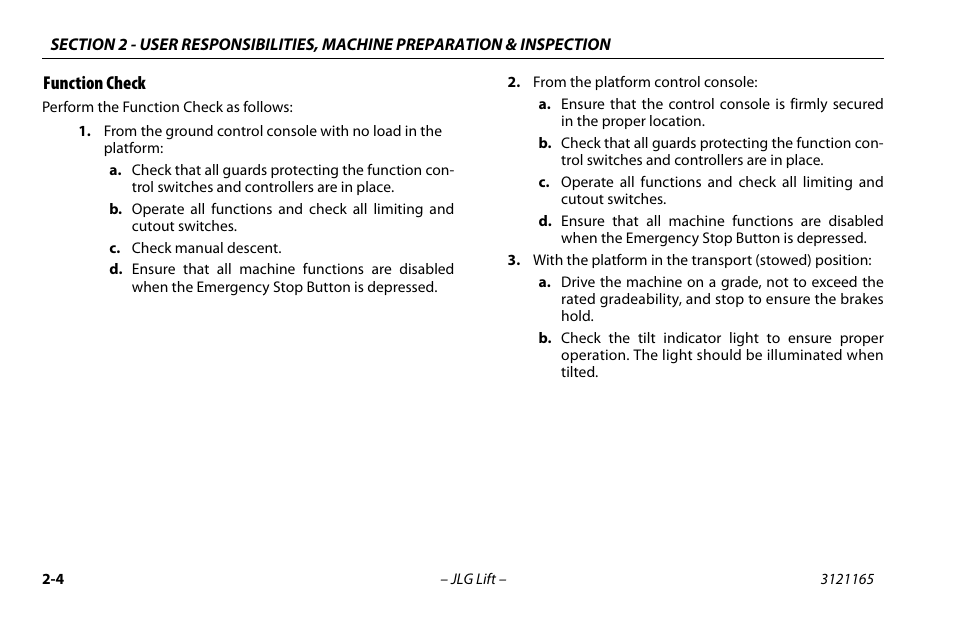 Function check, Function check -5 | JLG 3246ES Operator Manual User Manual | Page 24 / 114