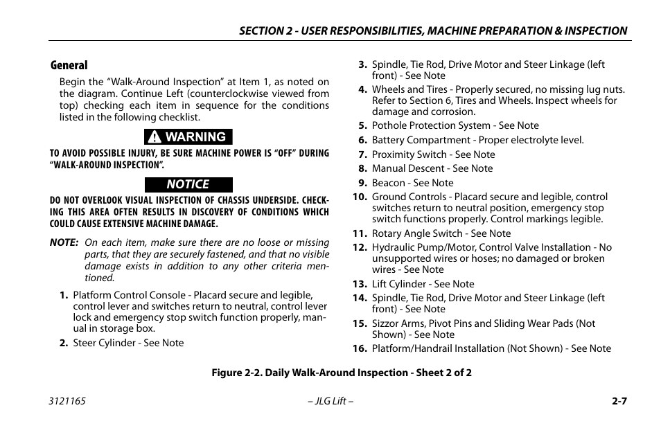General -8, Daily walk-around inspection - sht. 2 of 3 -8, General | Notice | JLG 3246ES Operator Manual User Manual | Page 27 / 114