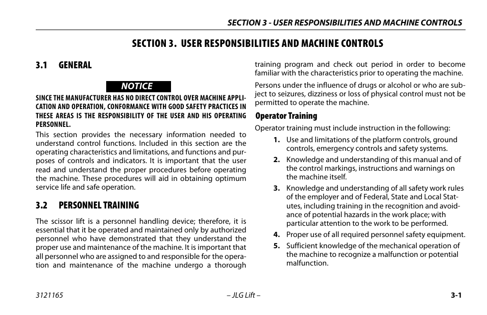 1 general, 2 personnel training, Operator training | General -1, Personnel training -1, Operator training -1 | JLG 3246ES Operator Manual User Manual | Page 31 / 114