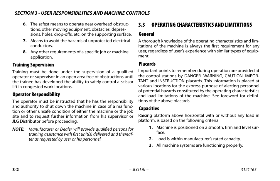 Training supervision, Operator responsibility, 3 operating characteristics and limitations | General, Placards, Capacities, Training supervision -2 operator responsibility -2, Operating characteristics and limitations -2, General -2 placards -2 capacities -2 | JLG 3246ES Operator Manual User Manual | Page 32 / 114
