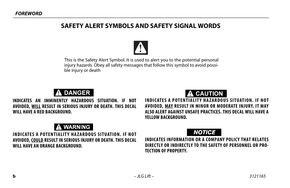 Safety alert symbols and safety signal words | JLG 3246ES Operator Manual User Manual | Page 4 / 114
