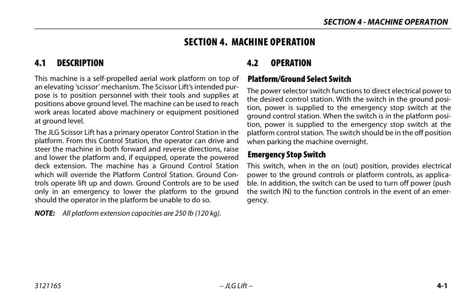Section 4. machine operation, 1 description, 2 operation | Platform/ground select switch, Emergency stop switch, Section - 4 - machine operation, Description -1, Operation -1 | JLG 3246ES Operator Manual User Manual | Page 51 / 114