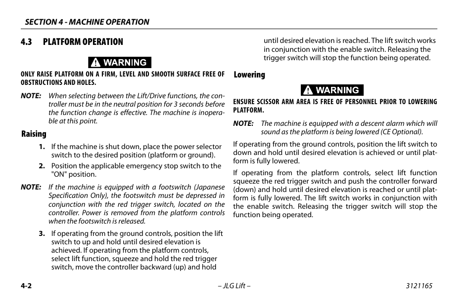 3 platform operation, Raising, Lowering | Raising and lowering -2, Raising -2 lowering -2 | JLG 3246ES Operator Manual User Manual | Page 52 / 114