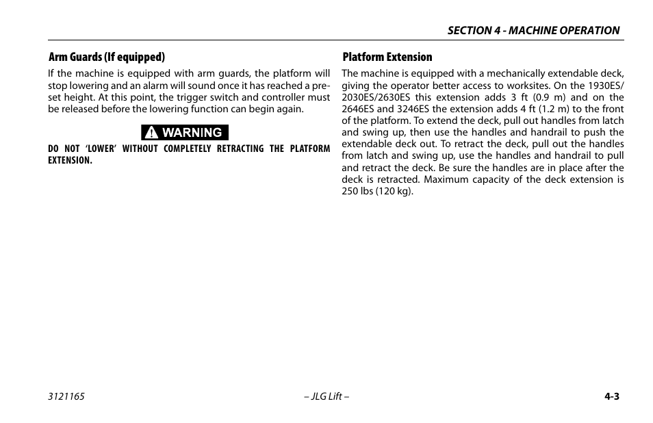 Arm guards (if equipped), Platform extension, Arm guards (if equipped) -3 platform extension -3 | JLG 3246ES Operator Manual User Manual | Page 53 / 114
