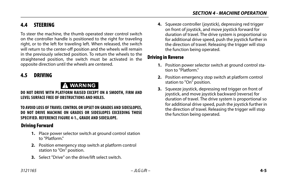 4 steering, 5 driving, Driving forward | Driving in reverse, Steering -4, Driving -4, Driving forward -5 driving in reverse -5 | JLG 3246ES Operator Manual User Manual | Page 55 / 114