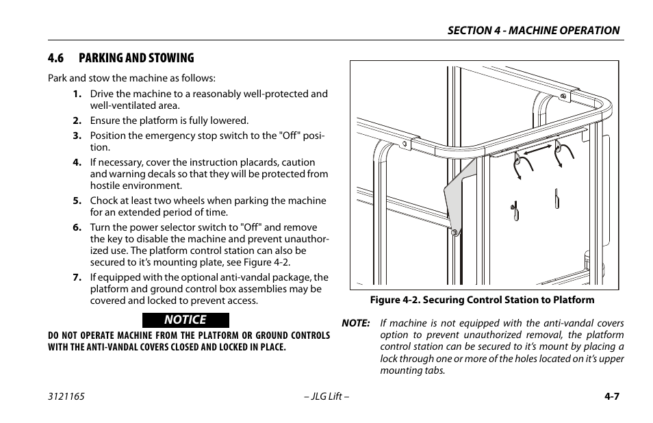 6 parking and stowing, Parking and stowing -7, Securing control station to platform -7 | JLG 3246ES Operator Manual User Manual | Page 57 / 114