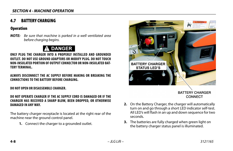 7 battery charging, Operation, Battery charging -8 | Operation -8 | JLG 3246ES Operator Manual User Manual | Page 58 / 114
