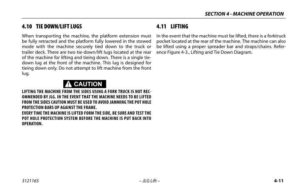 10 tie down/lift lugs, 11 lifting, 10 tie down/lift lugs -11 4.11 lifting -11 | JLG 3246ES Operator Manual User Manual | Page 61 / 114