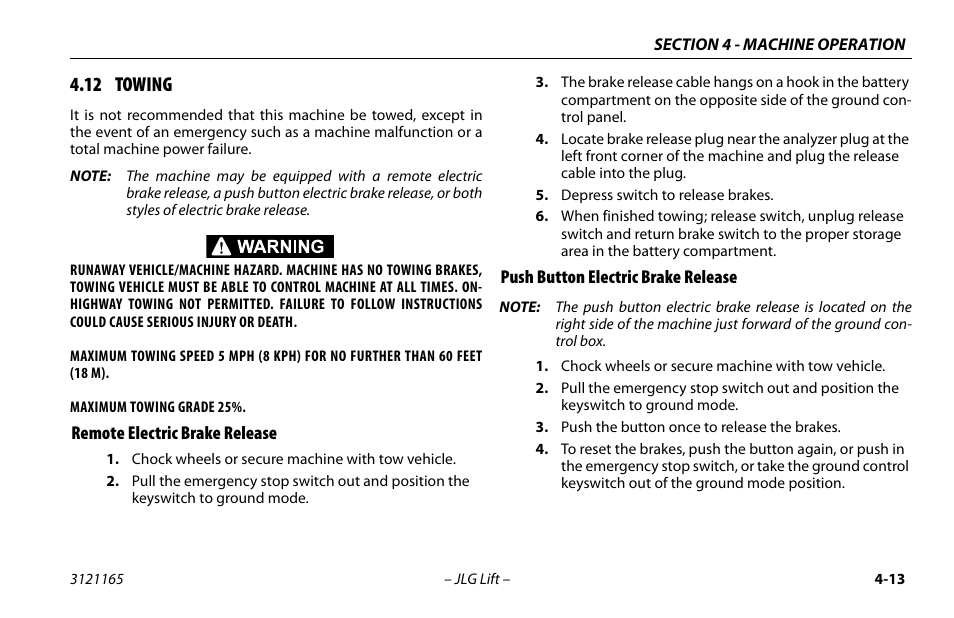 12 towing, Remote electric brake release, Push button electric brake release | 12 towing -13, Remote electric brake release -13, Push button electric brake release -13 | JLG 3246ES Operator Manual User Manual | Page 63 / 114