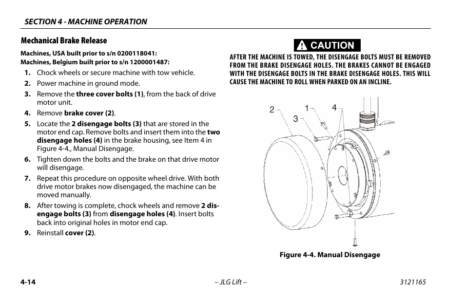Mechanical brake release, Mechanical brake release -14, Manual disengage -14 | JLG 3246ES Operator Manual User Manual | Page 64 / 114