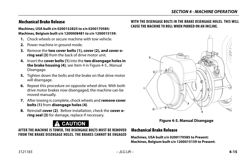 Mechanical brake release, Manual disengage -15 | JLG 3246ES Operator Manual User Manual | Page 65 / 114