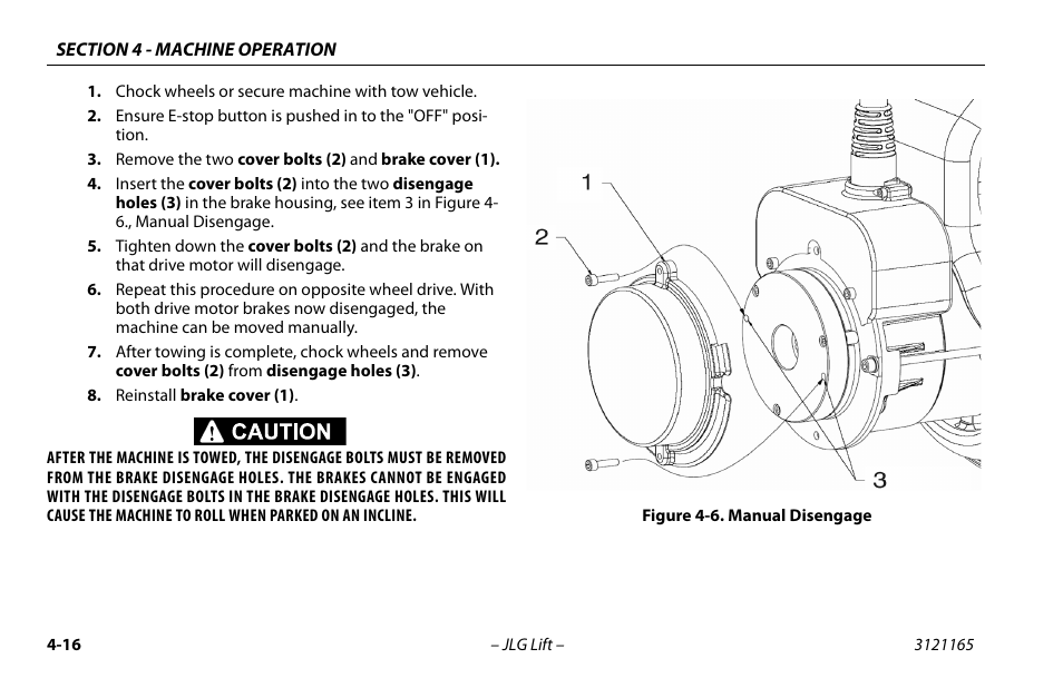 Manual disengage -16 | JLG 3246ES Operator Manual User Manual | Page 66 / 114