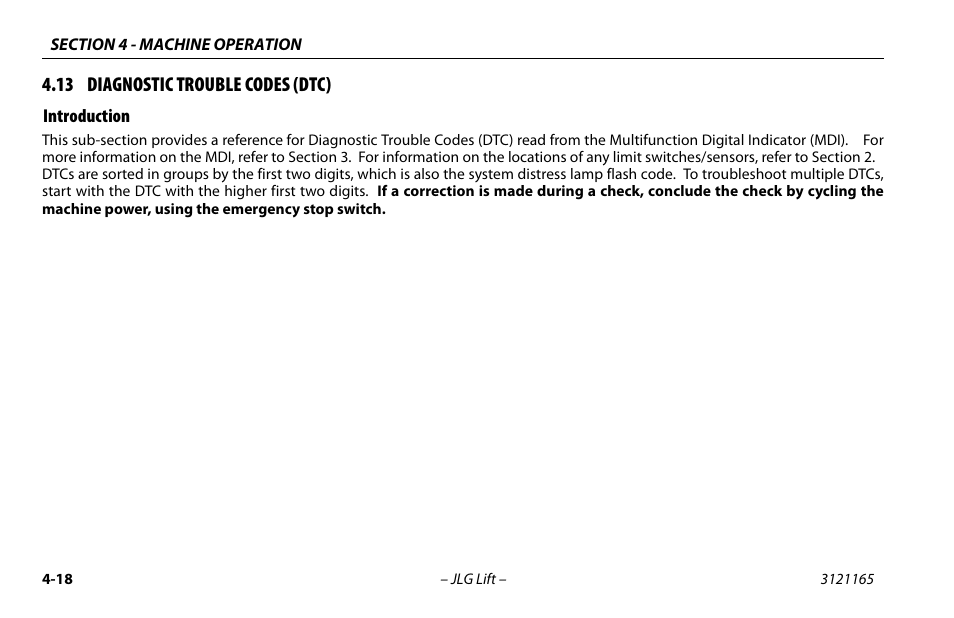 13 diagnostic trouble codes (dtc), Introduction, 13 diagnostic trouble codes (dtc) -18 | Introduction -18 | JLG 3246ES Operator Manual User Manual | Page 68 / 114