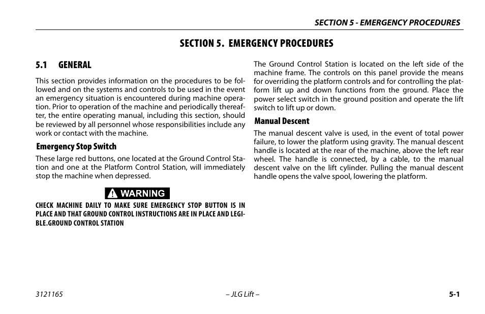 Section 5. emergency procedures, 1 general, Emergency stop switch | Manual descent, Section - 5 - emergency procedures, General -1, Emergency stop switch -1 manual descent -1 | JLG 3246ES Operator Manual User Manual | Page 89 / 114